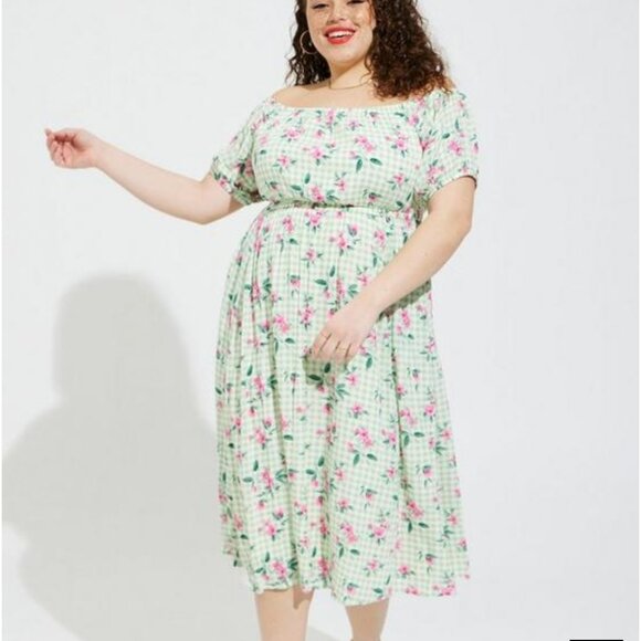 torrid Dresses & Skirts - Torrid Size 4 (26W) Green Gingham Floral Gauze Retro Chic Midi Skater Dress NWT